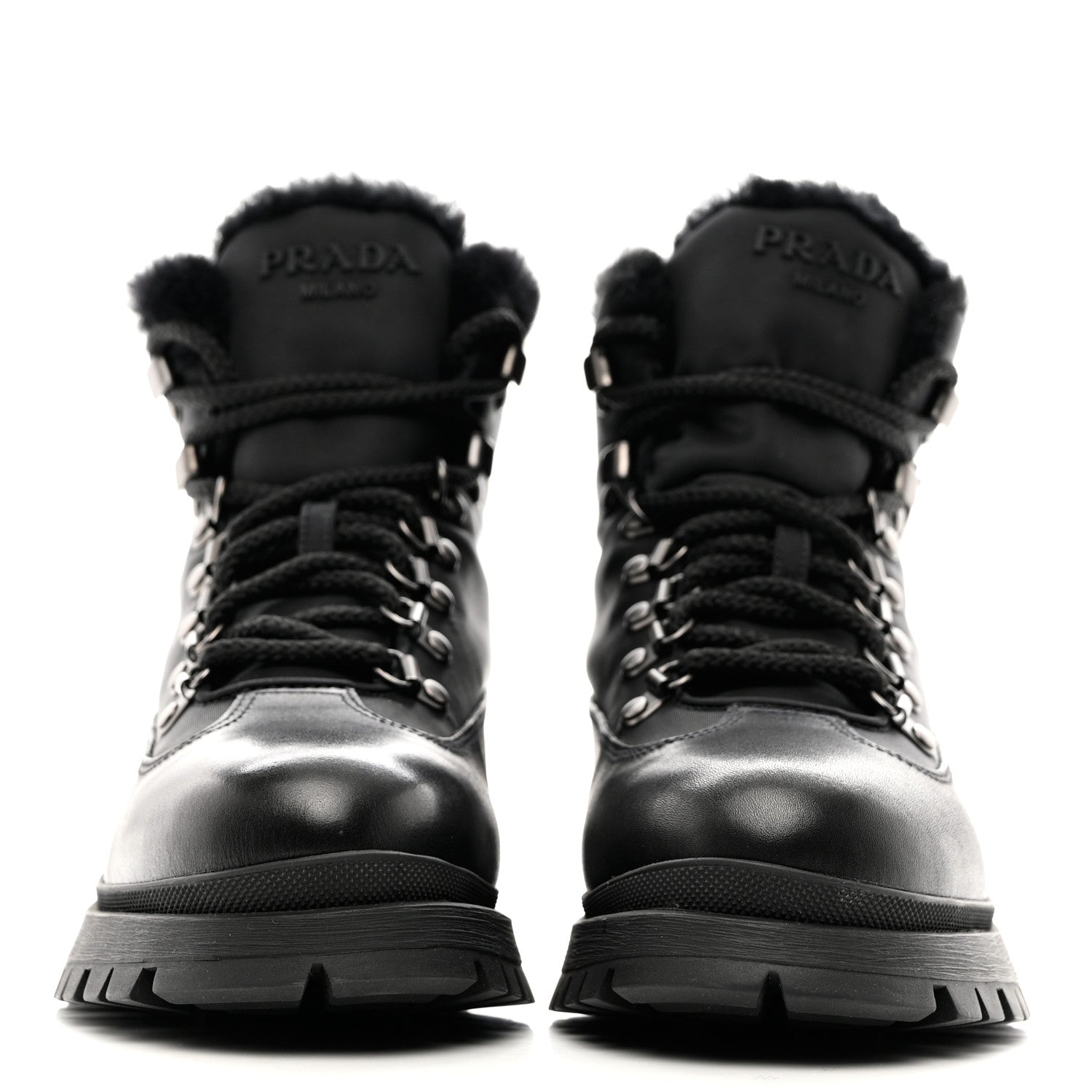 Prada Calfskin Nylon Shearling Metal Triangle Logo Brixxen Boots 37.5 Black 2 of 9