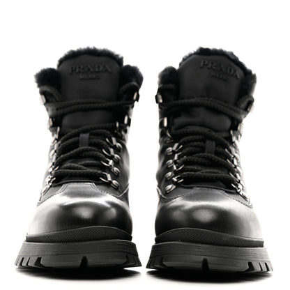 Prada Calfskin Nylon Shearling Metal Triangle Logo Brixxen Boots 37.5 Black 2 of 9