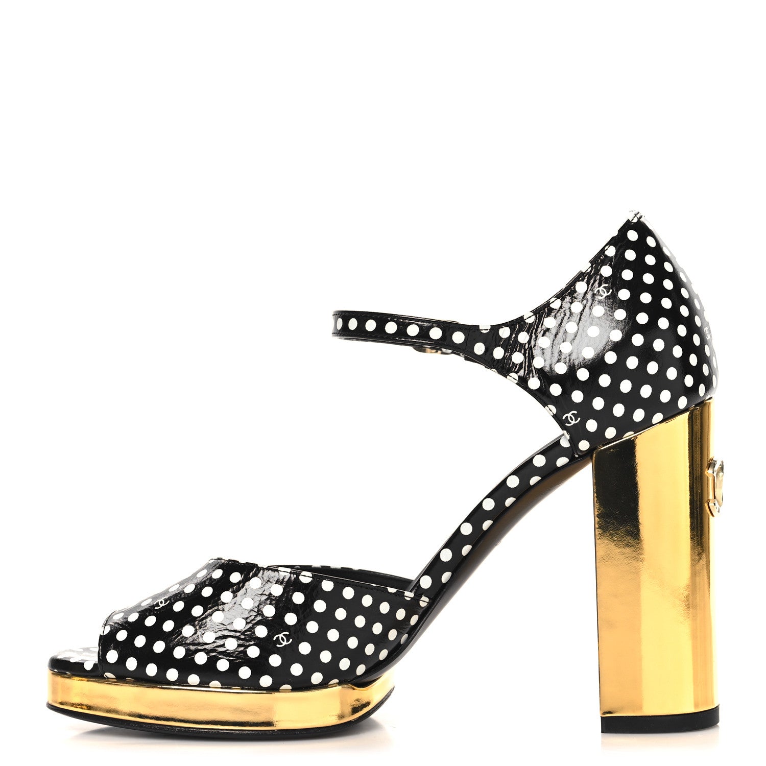 Chanel Printed Calfskin Polka Dot CC Platform Sandals 37
