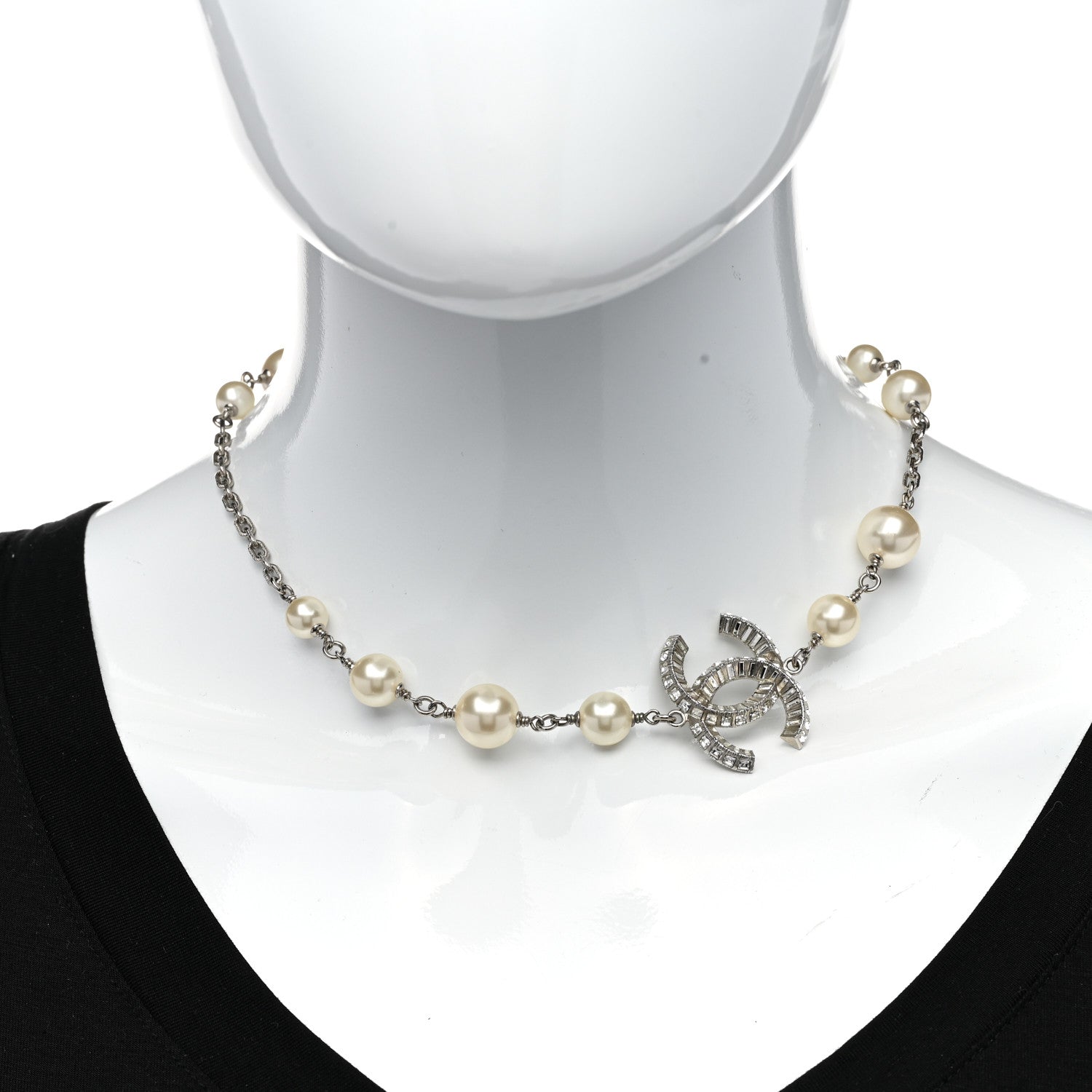 Chanel Pearl Crystal Baguette CC Short Necklace Silver 2 of 6