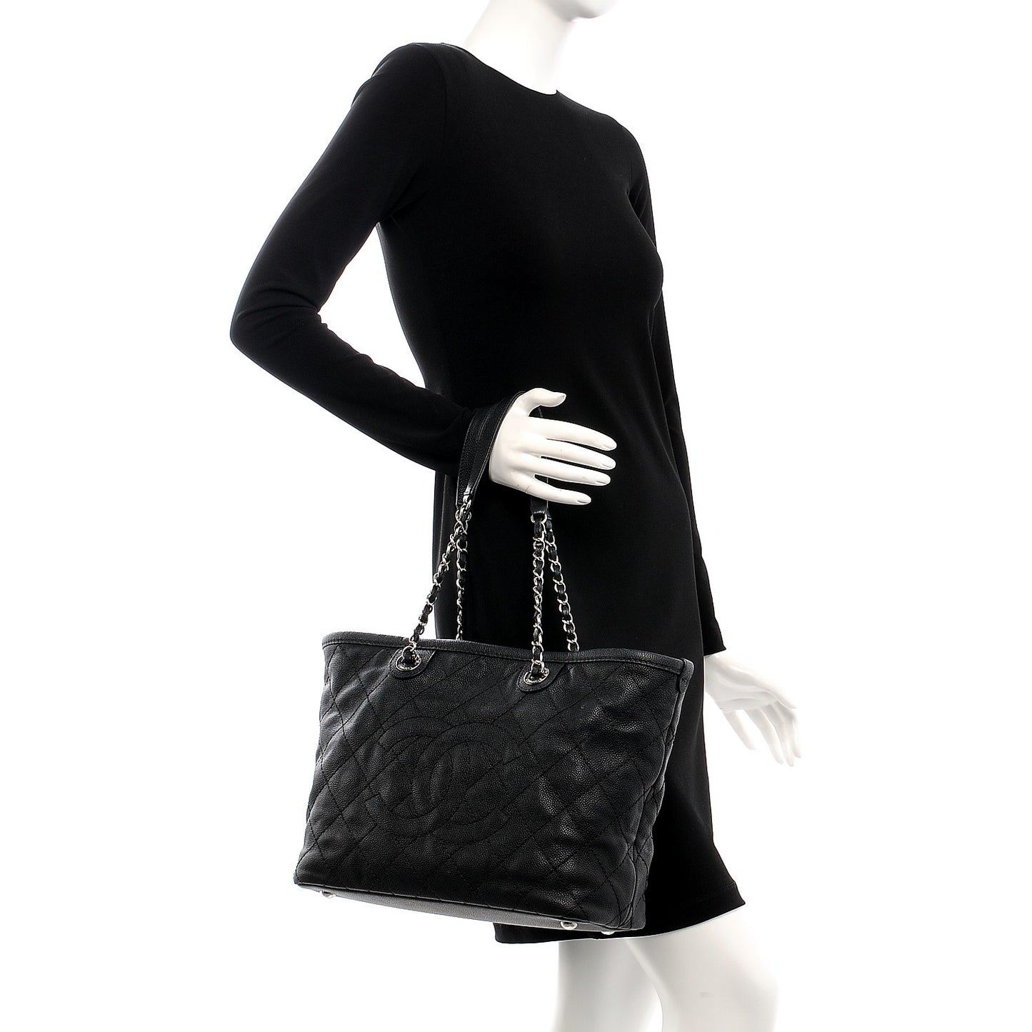 Grained Calfskin Quilted Small Daily Shopping Tote Black