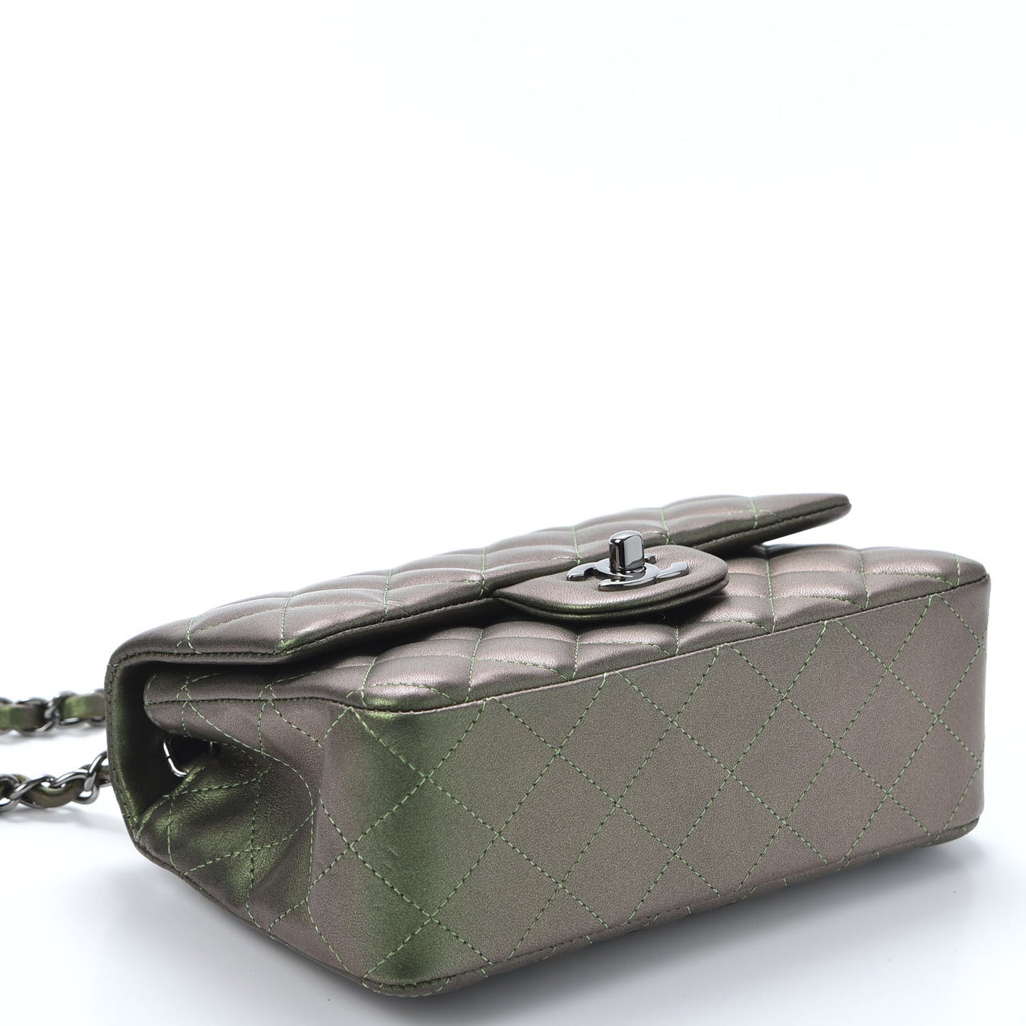 Iridescent Lambskin Quilted Mini Rectangular Flap Green