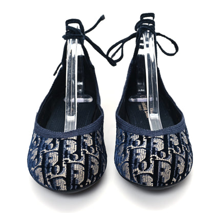 Christian Dior Velvet Oblique Poeme Laced Ballerina Flats 37.5 Deep Blue 3 of 9