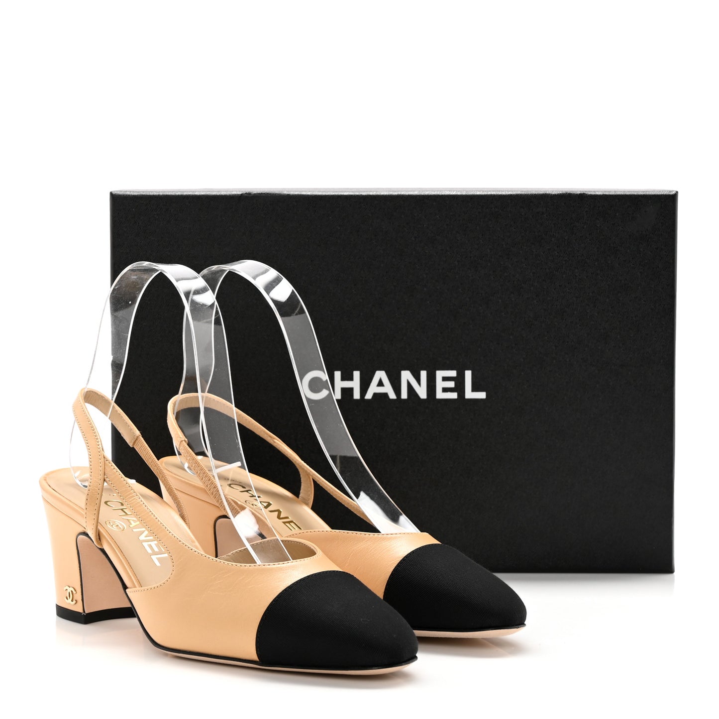 Goatskin Grosgrain Cap Toe CC Slingback Pumps 35.5 Beige Black