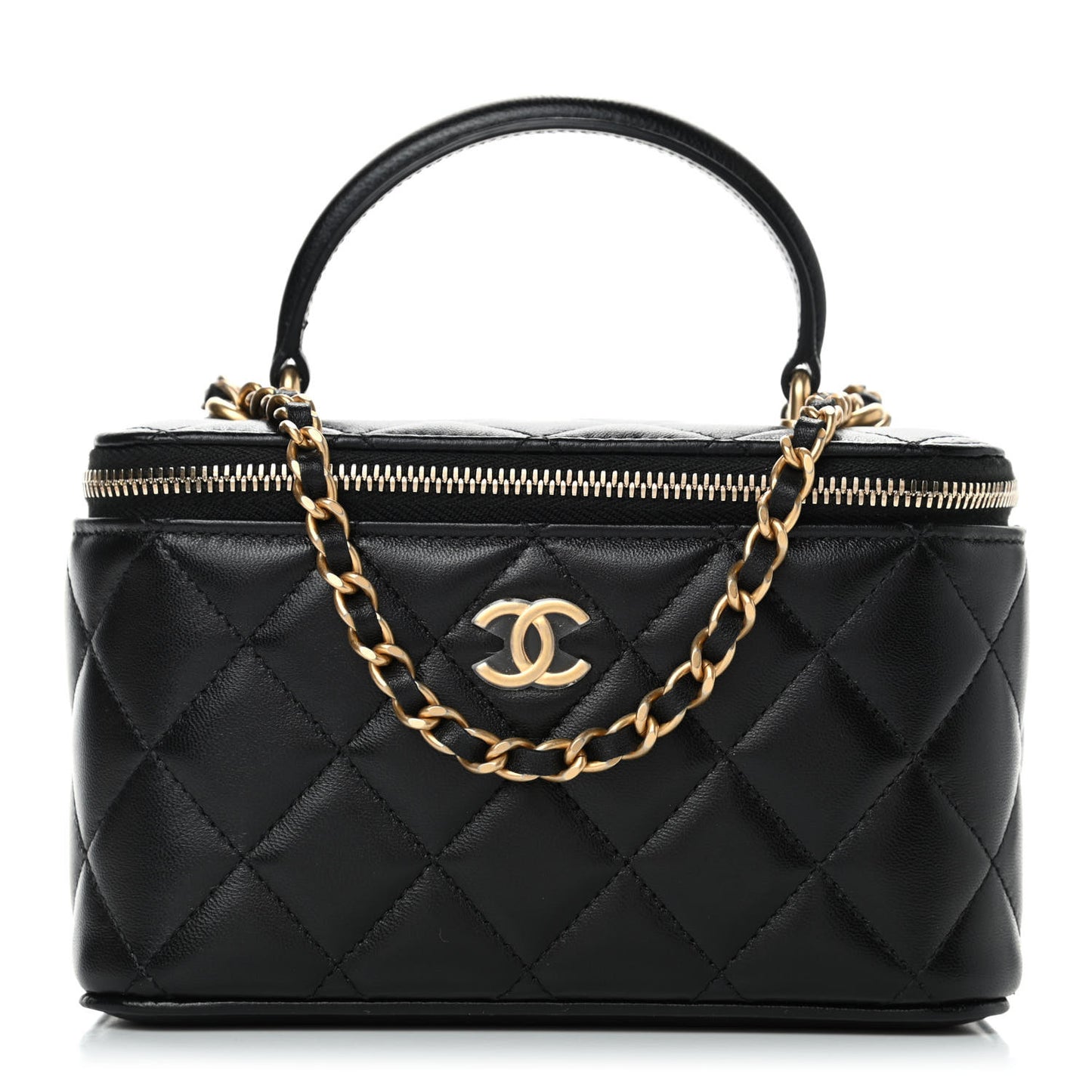 Lambskin Quilted Small Top Handle Vanity Case With Chain Black