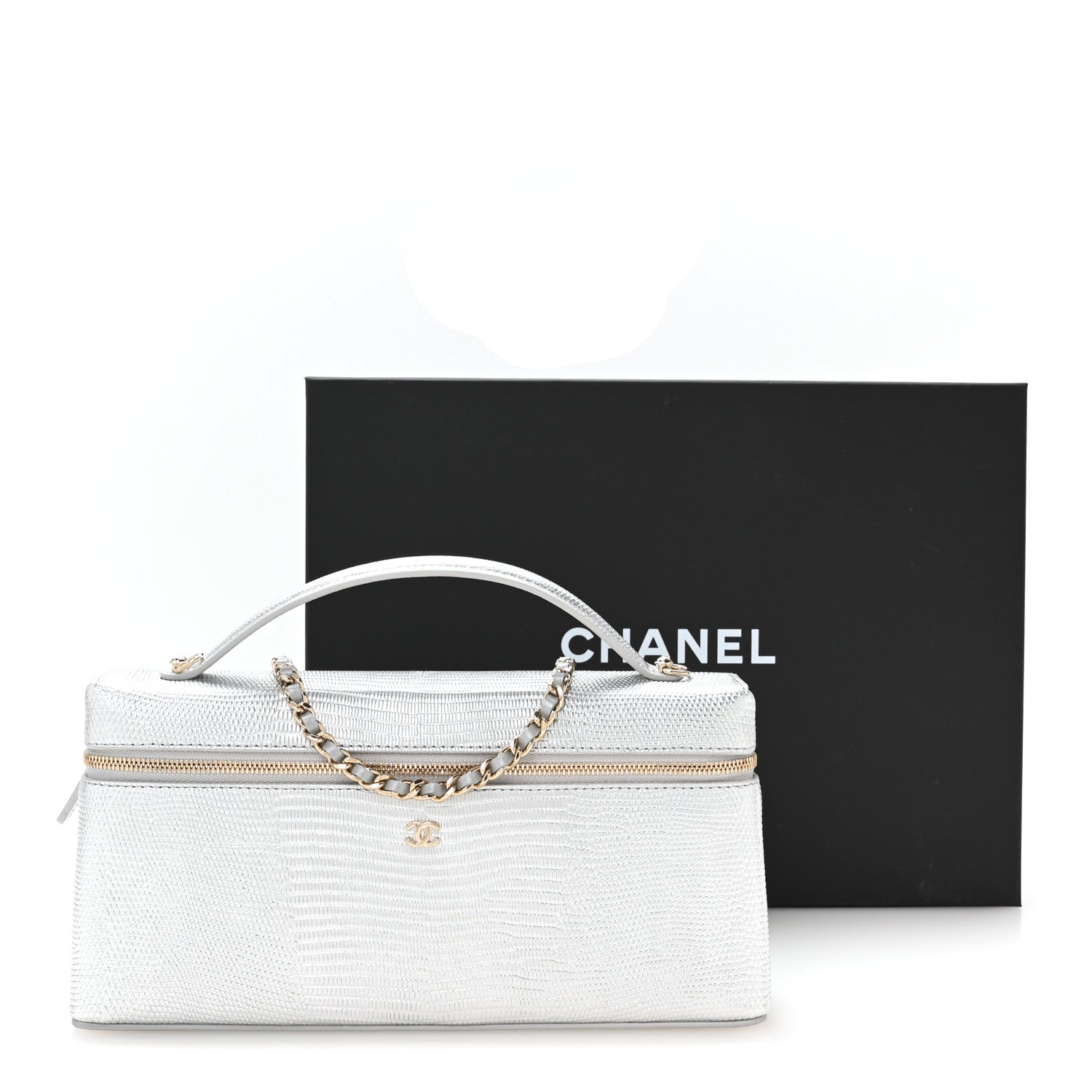 Chanel Lizard Embossed Top Handle Slim Vanity With Chain Silvery 11 of 11