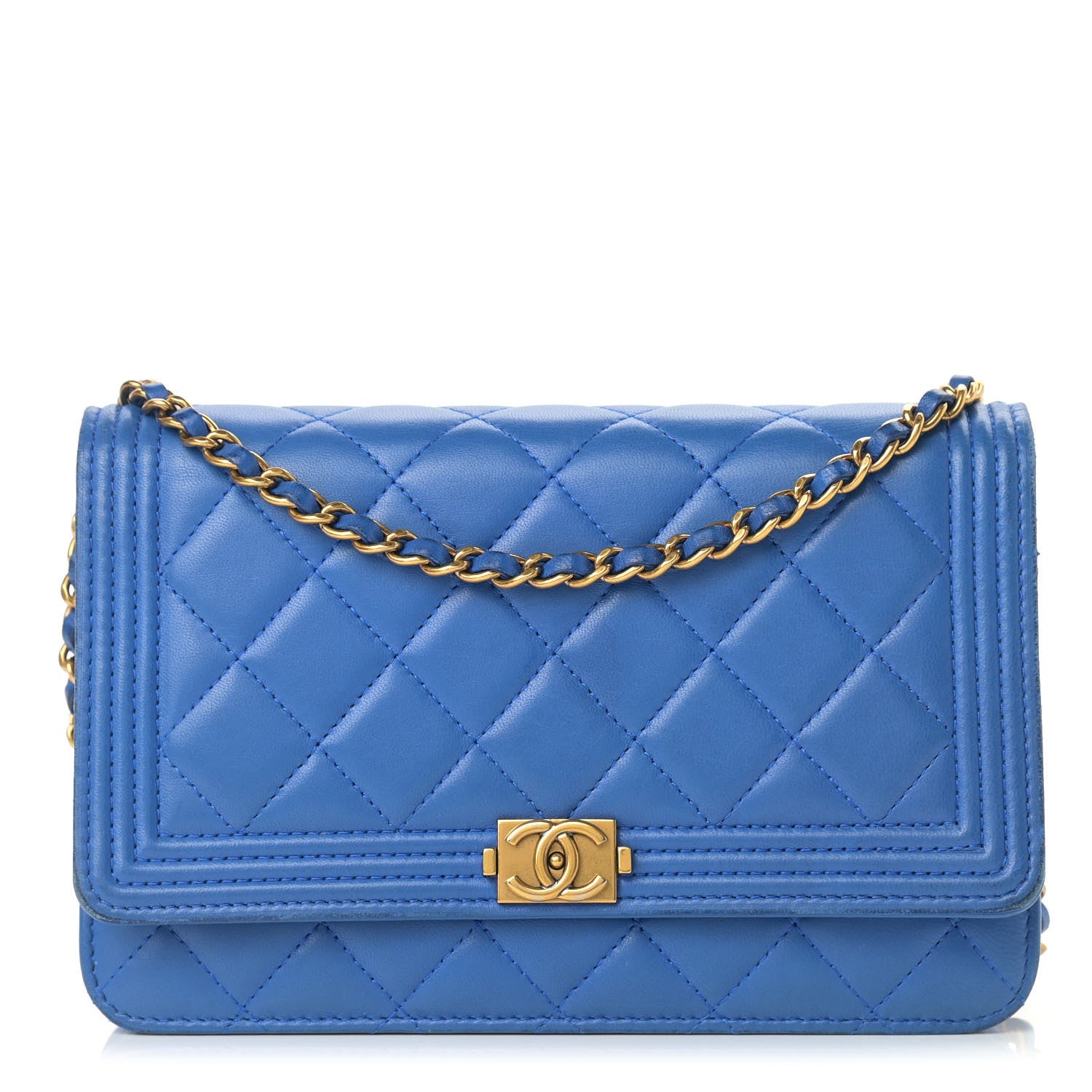 Chanel Lambskin Quilted Boy Wallet On Chain WOC Blue 1 of 15