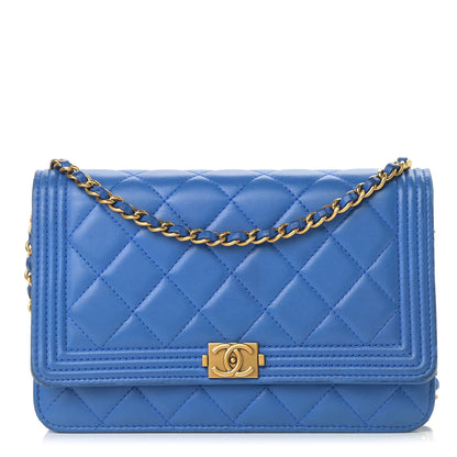 Chanel Lambskin Quilted Boy Wallet On Chain WOC Blue 1 of 15