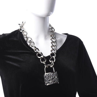 Chanel Tweed CC Oversized Padlock Chain Necklace Black Silver 2 of 5