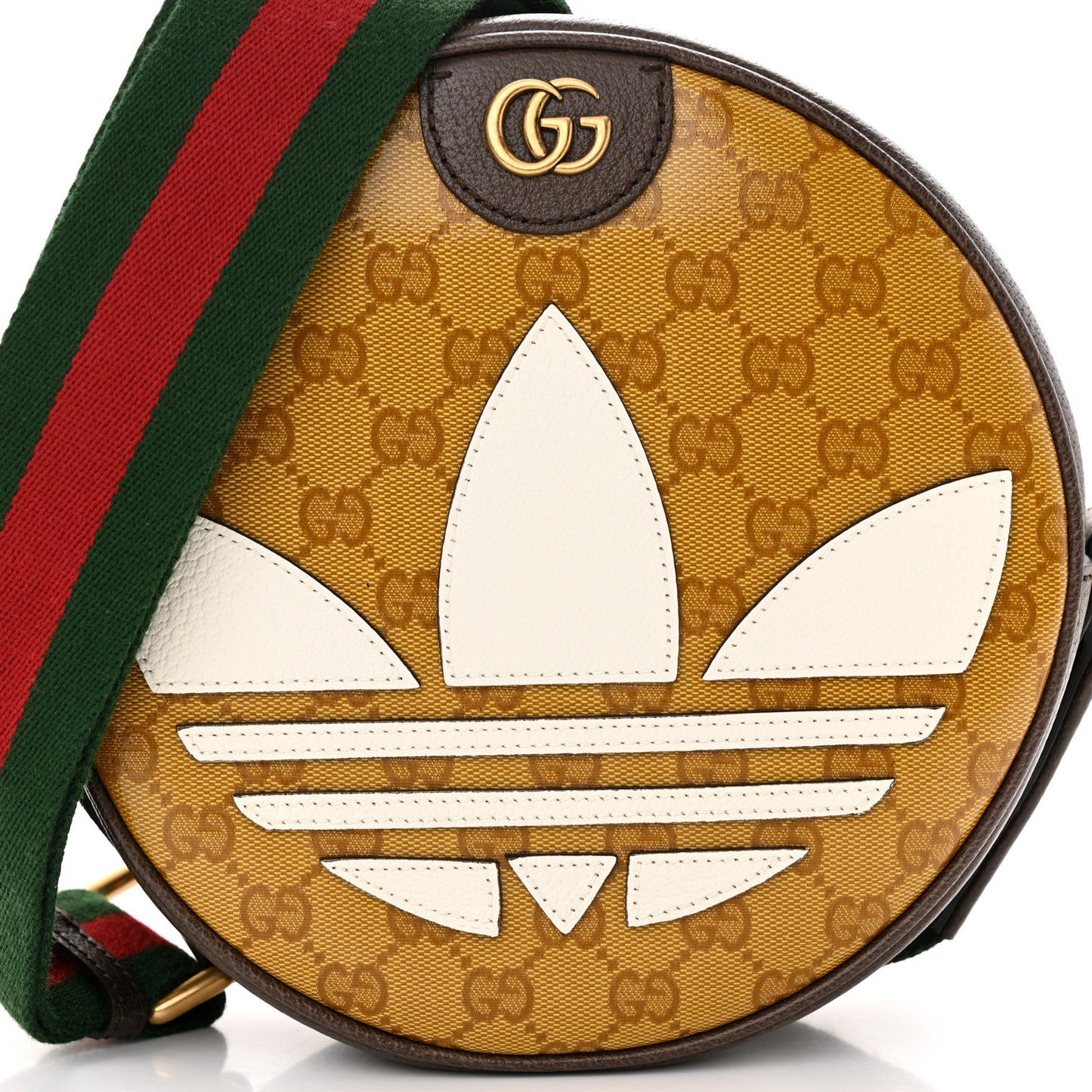X ADIDAS Crystal Vintage Monogram Textured Dollar Calfskin Web Trefoil Small Ophidia Round Shoulder Bag Mid Natural Nut Off White New Acero