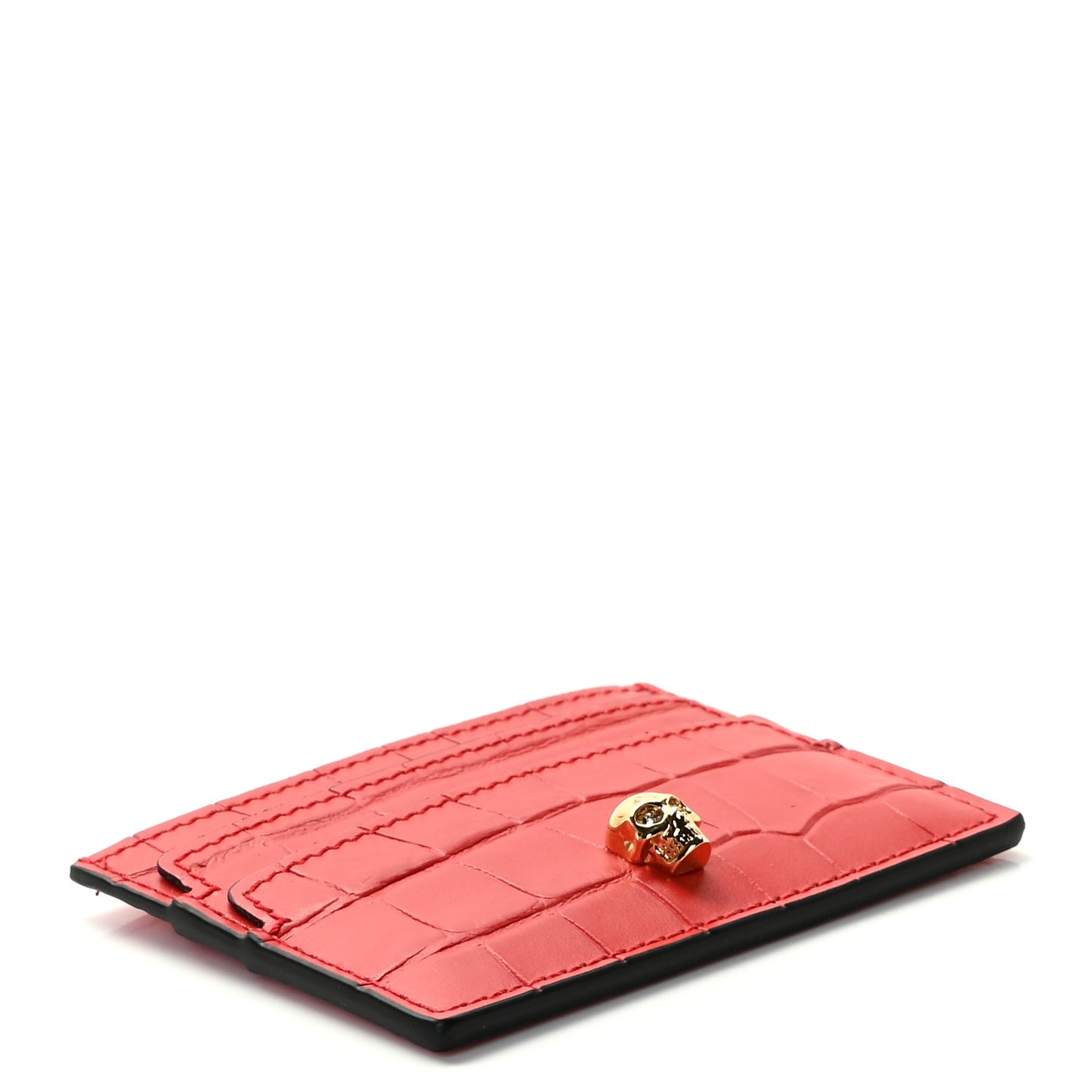 Calfskin Crocodile Embossed Skull Card Holder Scarlet Red