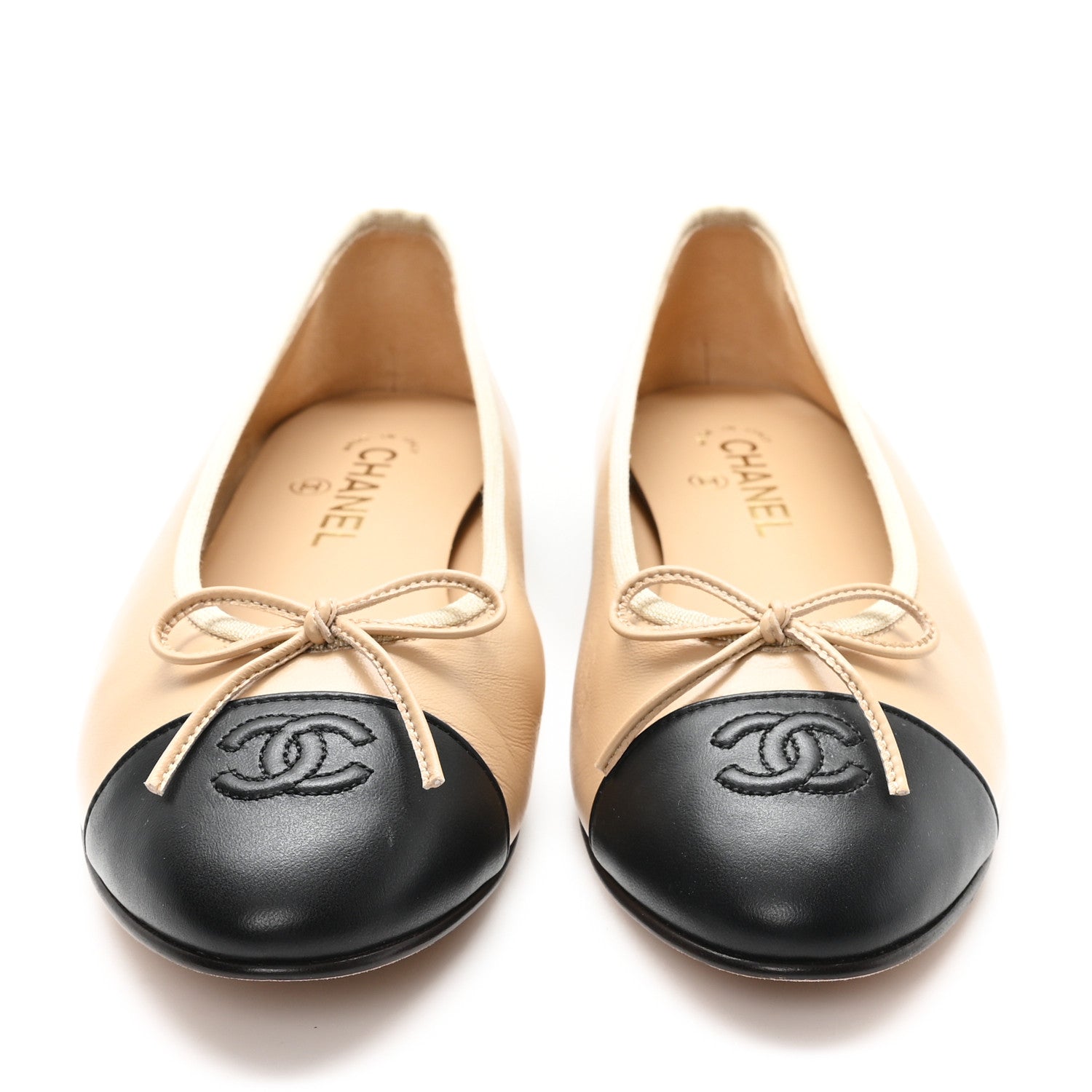Chanel Lambskin Cap Toe CC Ballerina Flats 41.5 Beige Black 3 of 10