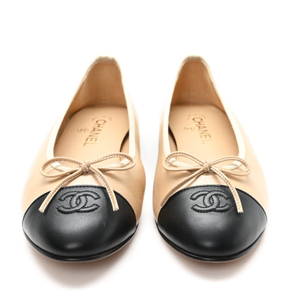 Chanel Lambskin Cap Toe CC Ballerina Flats 41.5 Beige Black 3 of 10