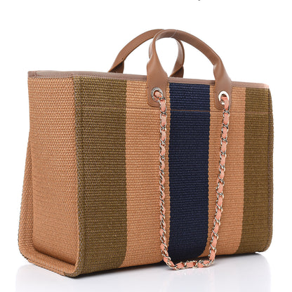 Chanel Straw Raffia Calfskin Striped Large Deauville Tote Khaki Beige Navy Blue 3 of 9