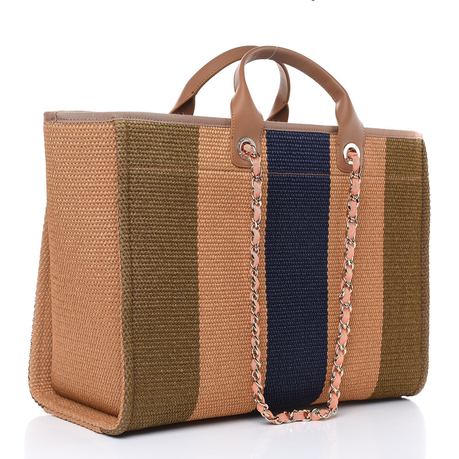 Chanel Straw Raffia Calfskin Striped Large Deauville Tote Khaki Beige Navy Blue 3 of 9