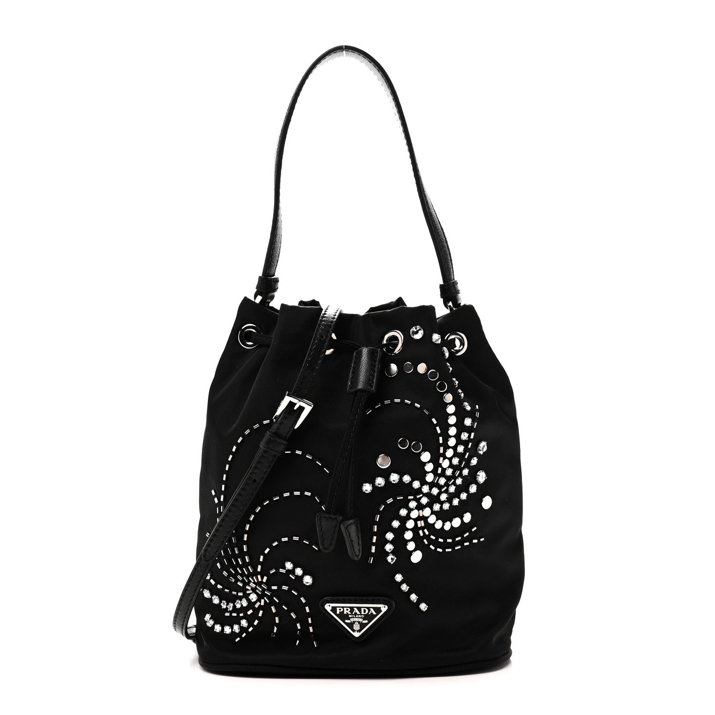 Tessuto Saffiano Ricamo Sequin Crystal Embellished Mini Re-Edition 1978 Bucket Bag Black