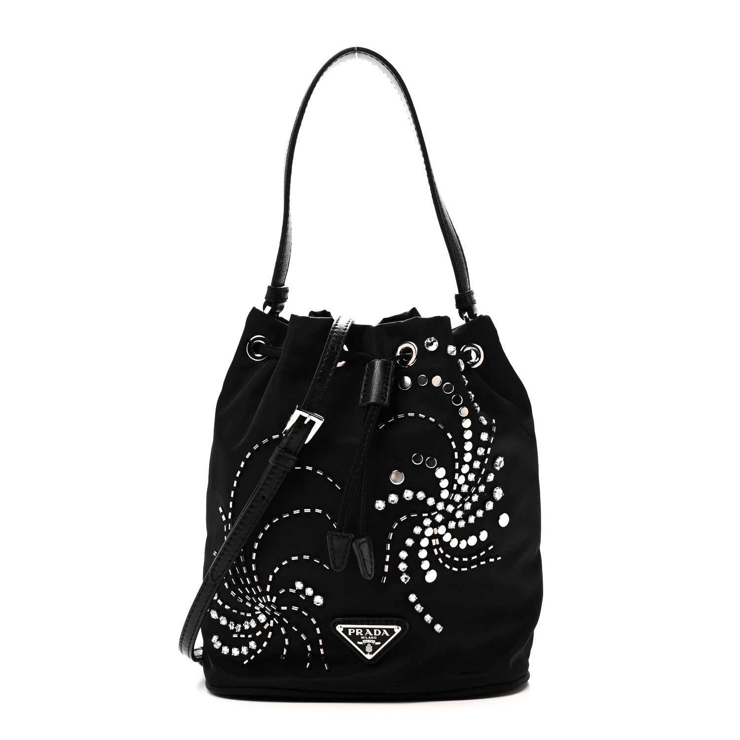 Prada Tessuto Saffiano Ricamo Sequin Crystal Embellished Mini Re-Edition 1978 Bucket Bag Black 1 of 9