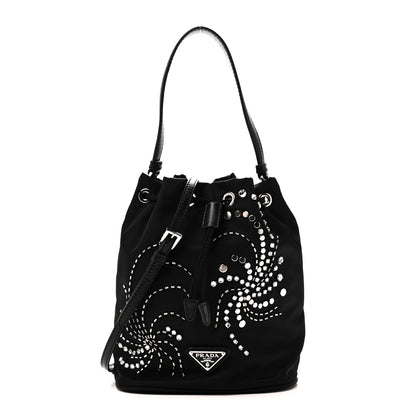 Prada Tessuto Saffiano Ricamo Sequin Crystal Embellished Mini Re-Edition 1978 Bucket Bag Black 1 of 9