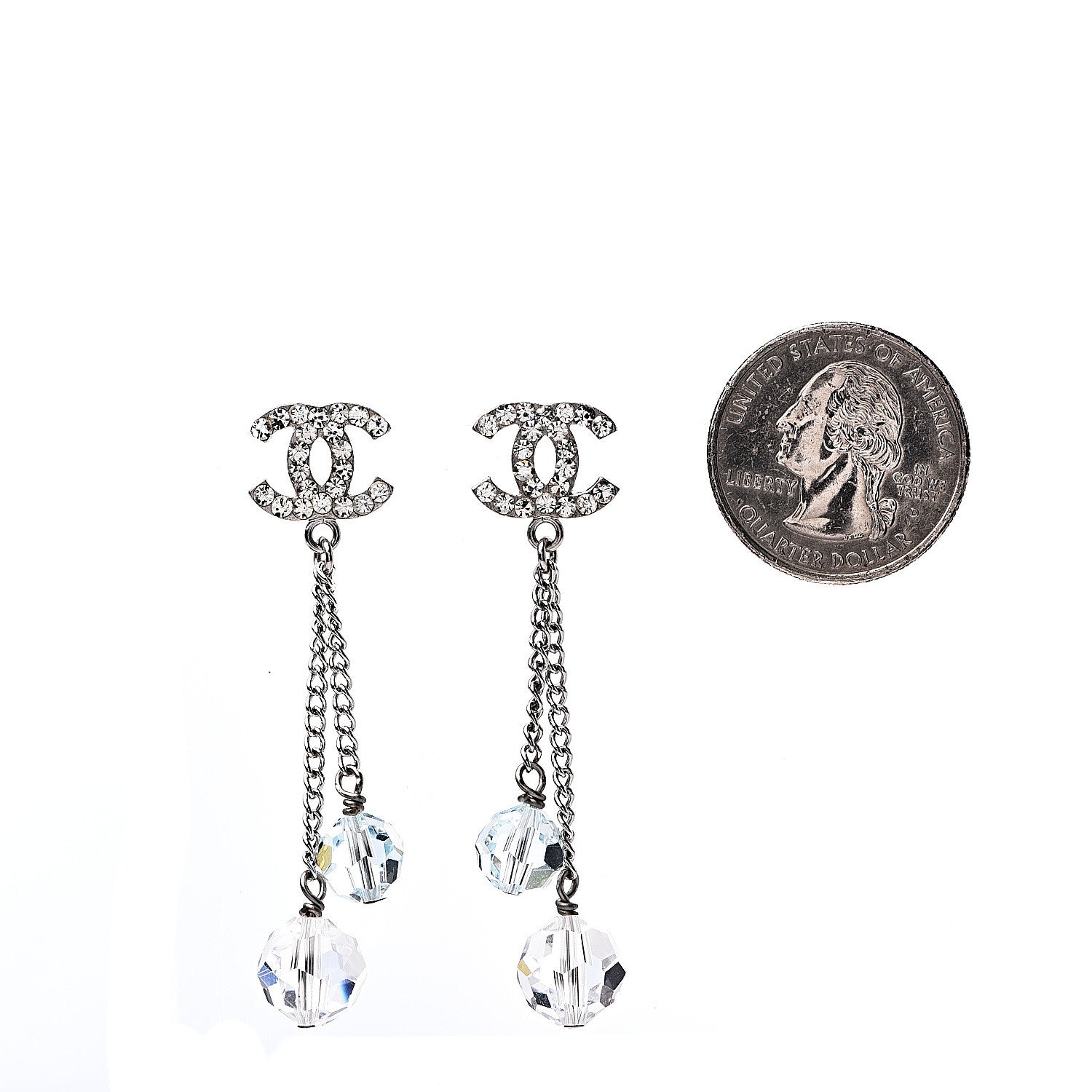 Chanel Crystal Bead CC Dangle Earrings Silver 2 of 4