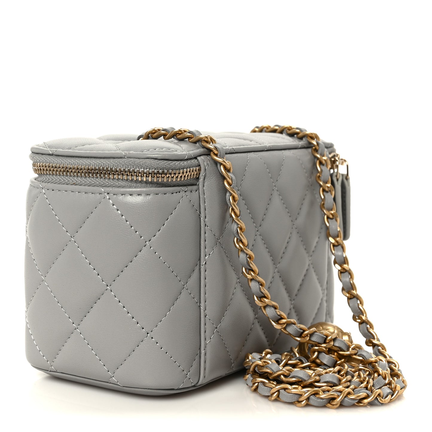 Lambskin Quilted Small Pearl Crush Vanity Case With Chain Grey