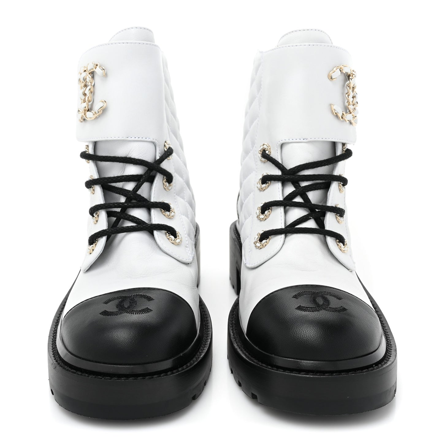Shiny Goatskin Calfskin Quilted Lace Up Combat Boots 39 Ivory Black