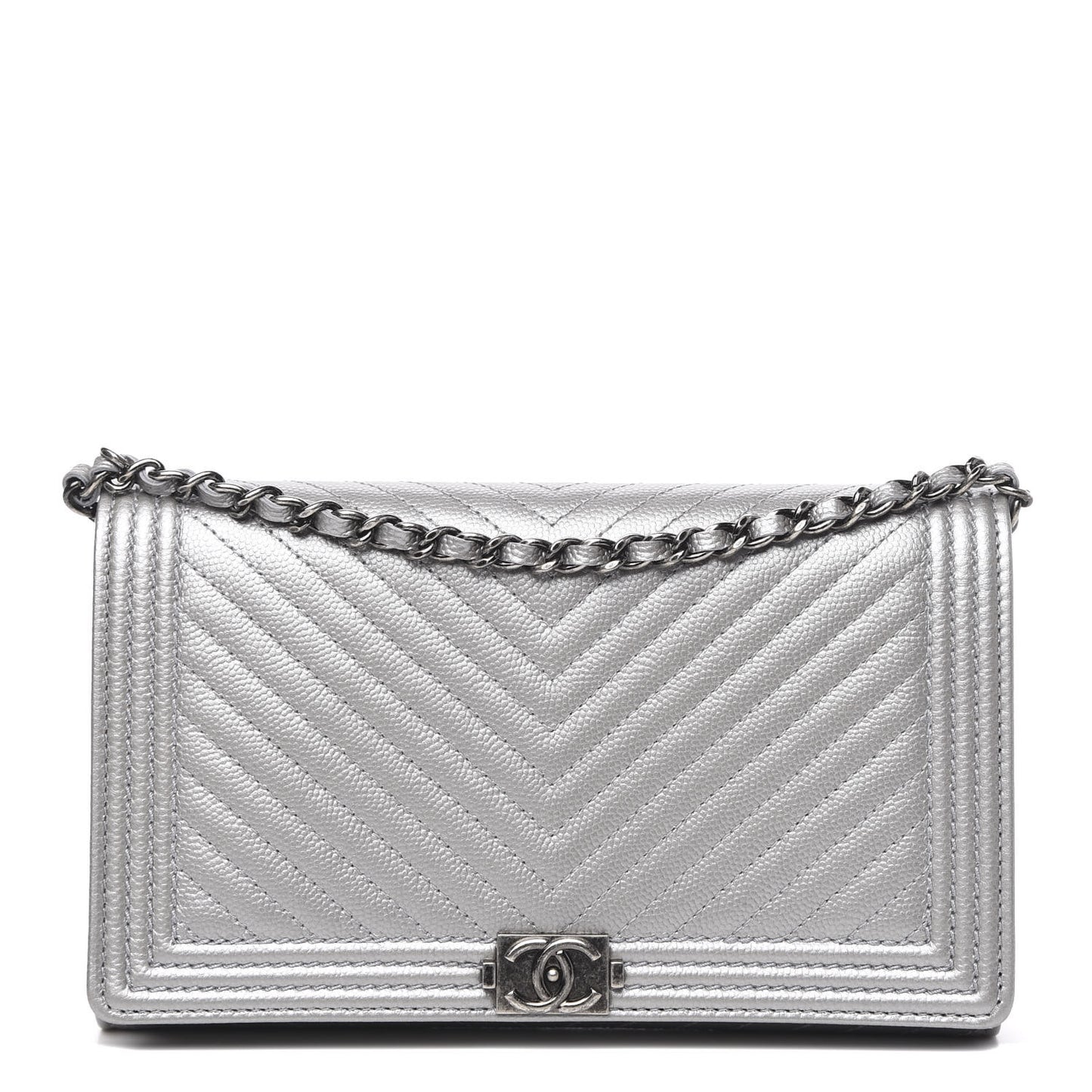 Metallic Caviar Chevron Quilted Boy Wallet On Removable Chain WOC Silver