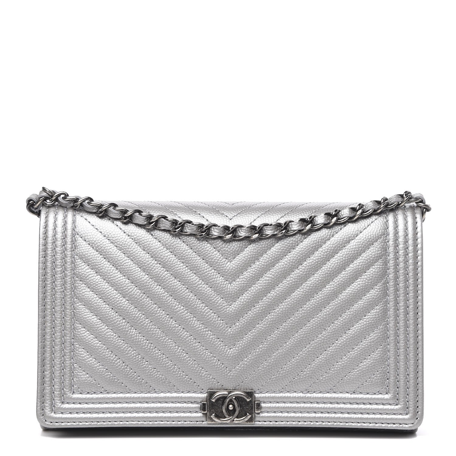 Chanel Metallic Caviar Chevron Quilted Boy Wallet On Removable Chain WOC Silver 1 of 14