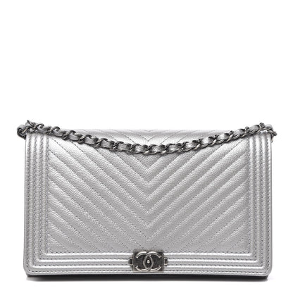 Chanel Metallic Caviar Chevron Quilted Boy Wallet On Removable Chain WOC Silver 1 of 14