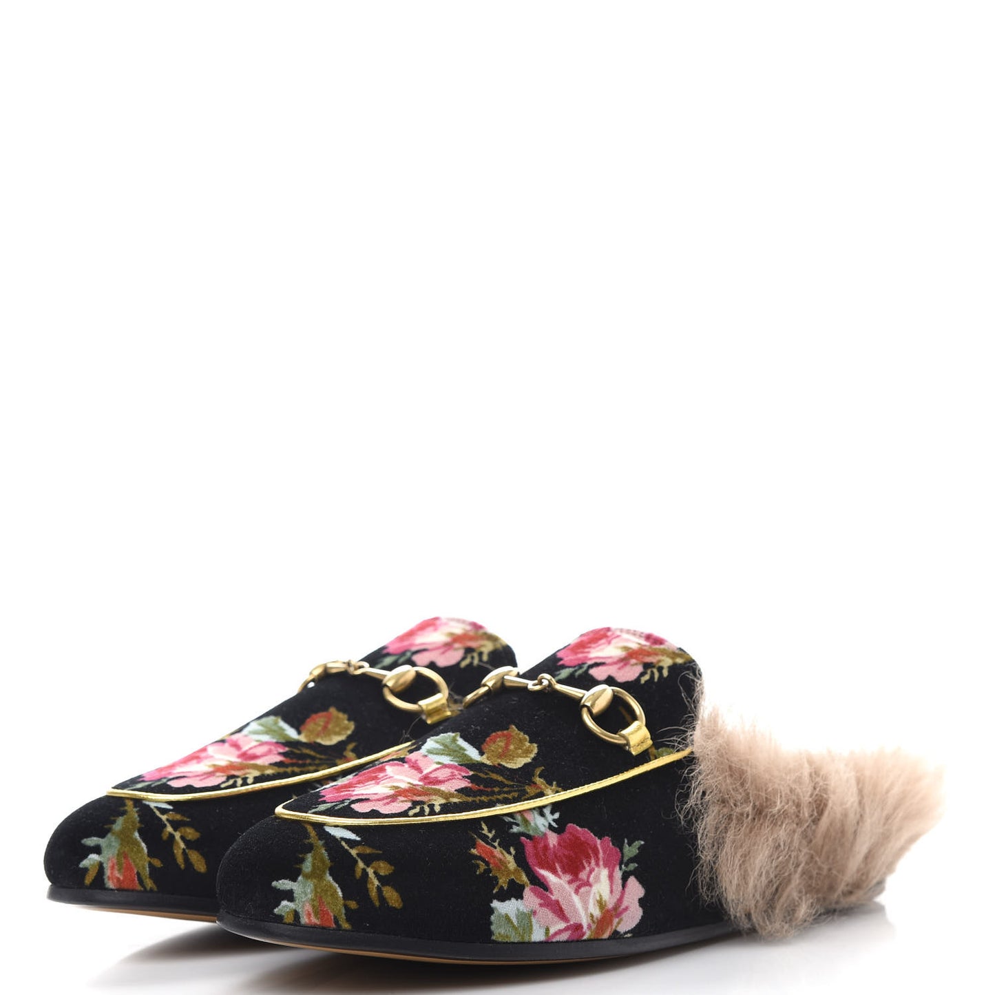 Velvet Fur Floral Womens Princetown Slippers 36.5 Black