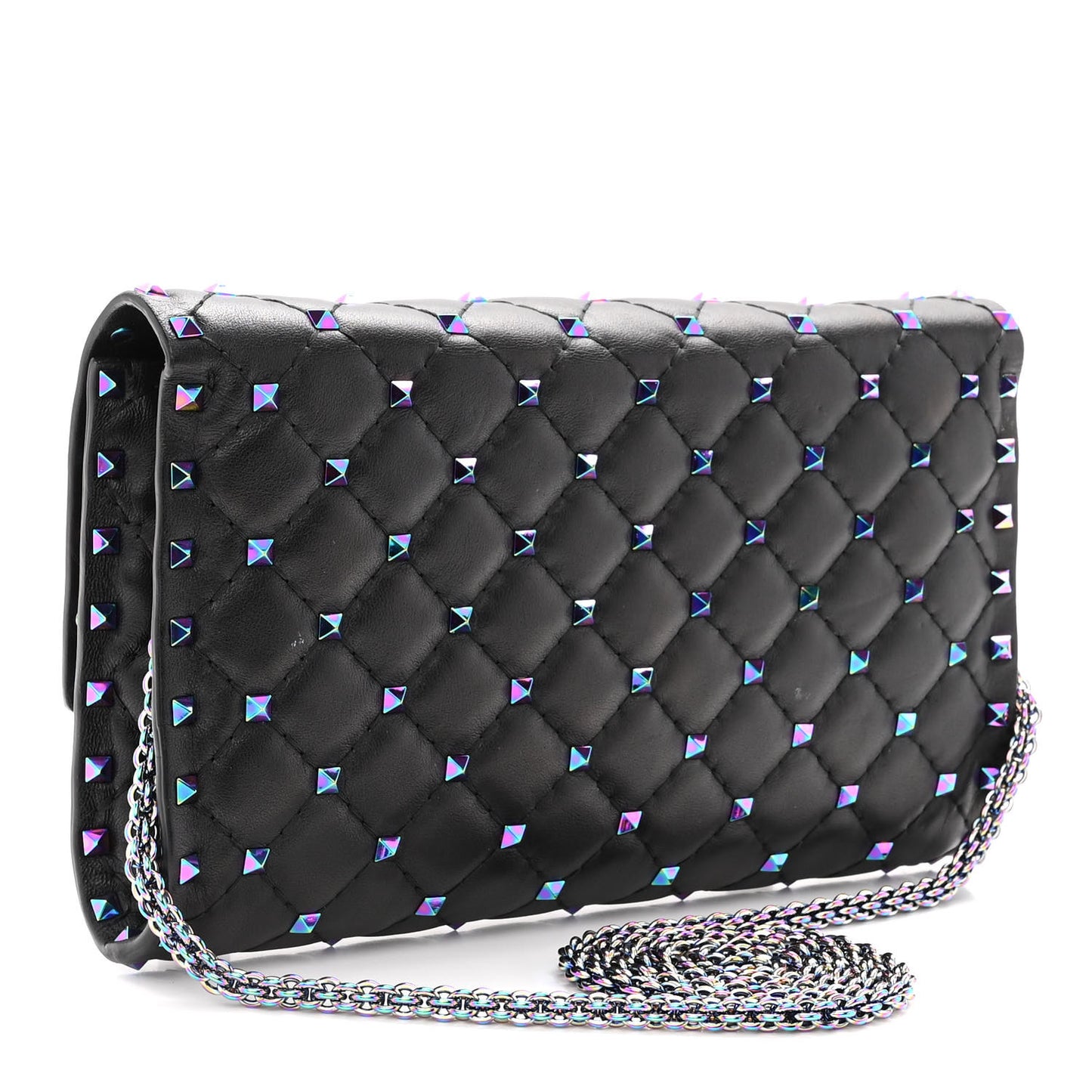 Lambskin Oil Slick Rockstud Spike Wallet on Chain Black