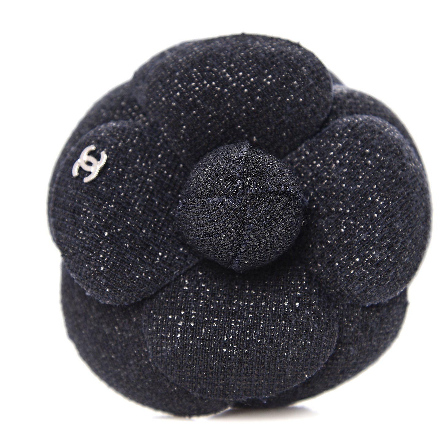 Tweed Camellia Pin Brooch Navy Blue