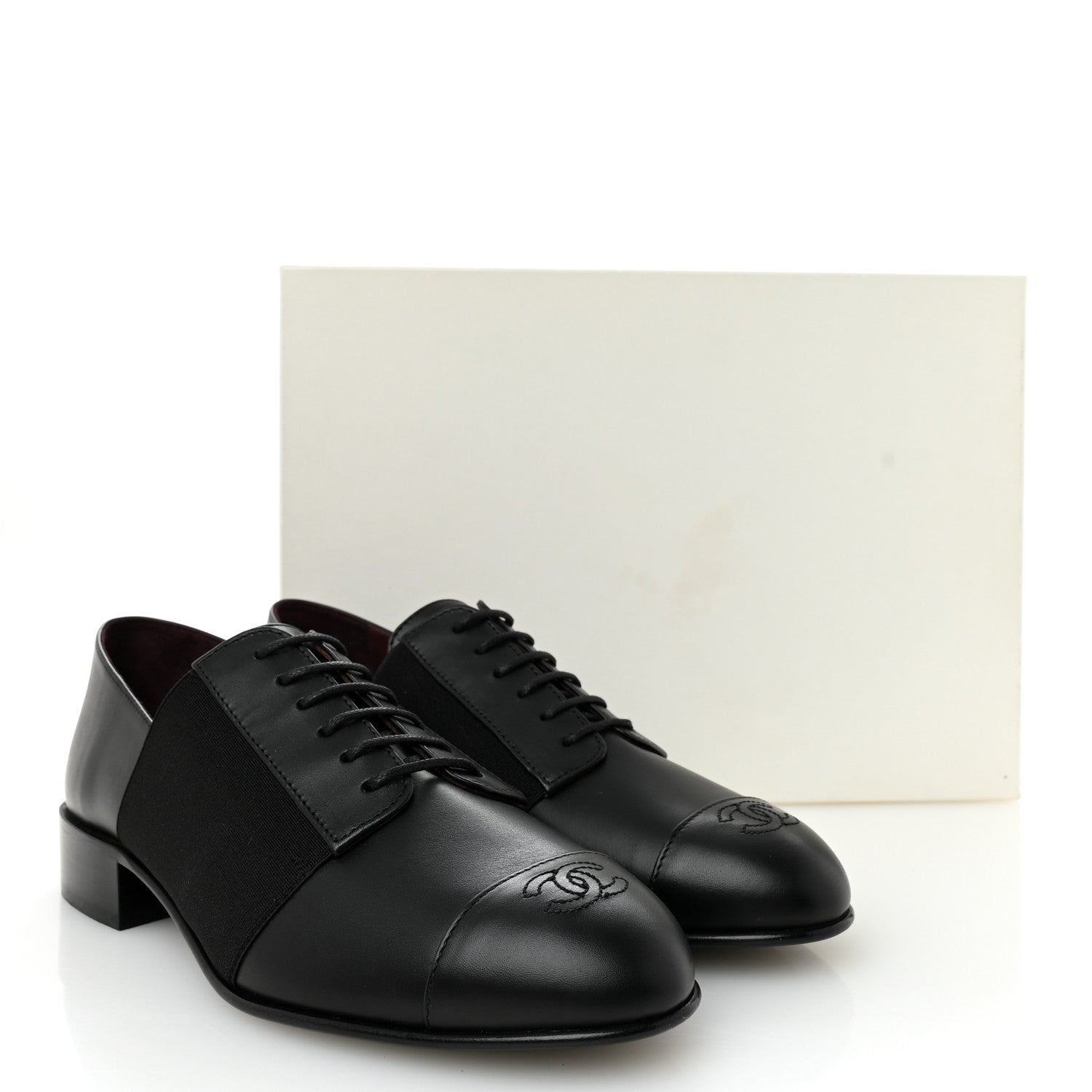Chanel Calfskin Elastic Lace Up Cap Toe CC Loafers 38 Black 11 of 11