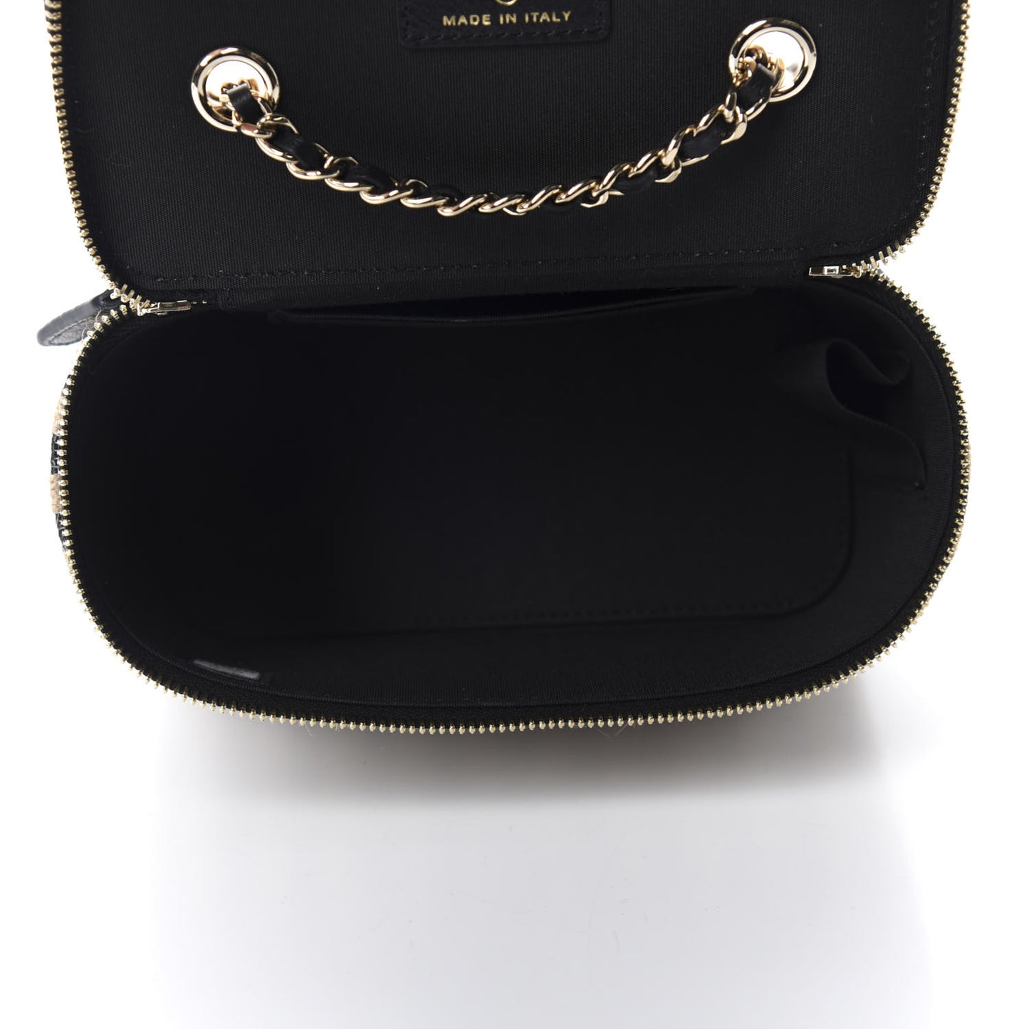 Raffia Jute Striped Small Vanity Case With Chain Black Beige