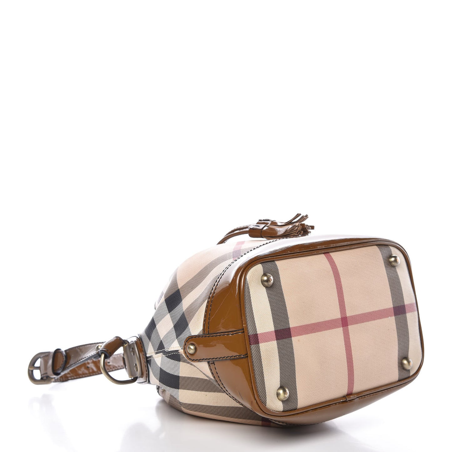 Patent Trim Nova Check Drawstring Bucket Bag Brown