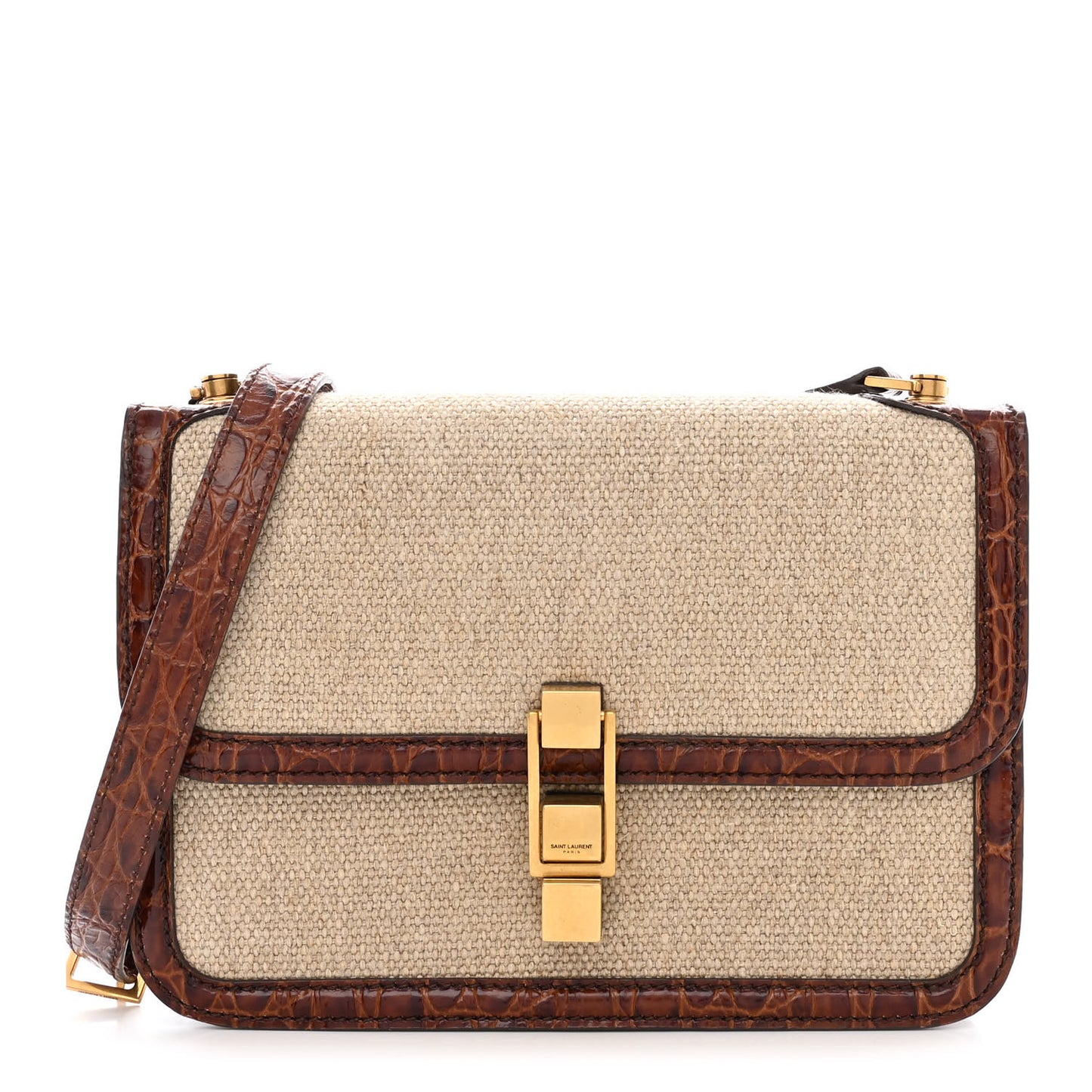 Linen Canvas Crocodile Embossed Carre Satchel Natural Brown
