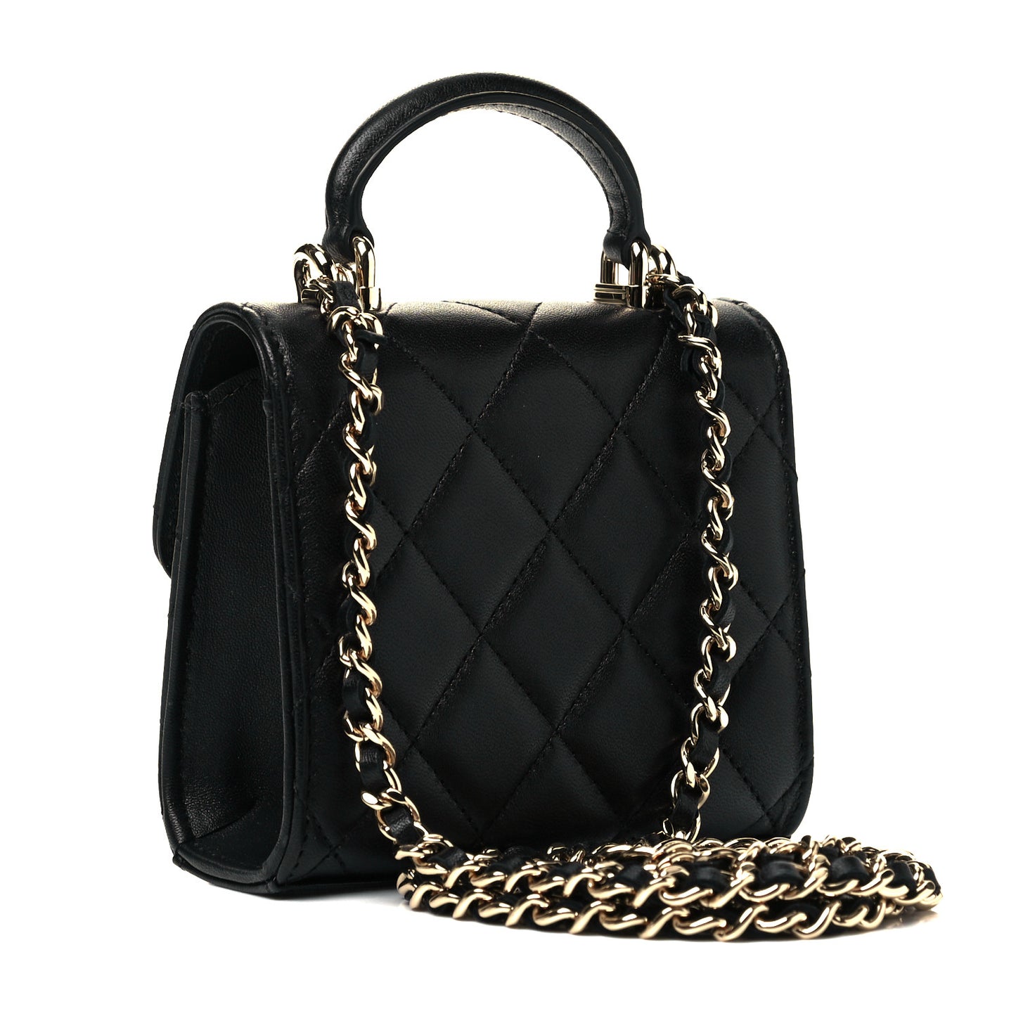 Lambskin Quilted Top Handle Flap Clutch With Chain Black