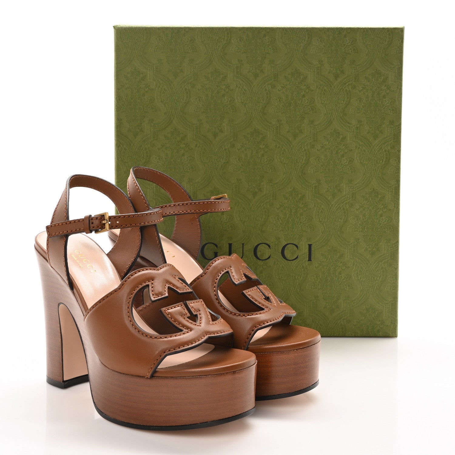 Gucci Cosmos Softy Calfskin Wooden Interlocking G Cut-Out 30/120mm Platform Sandals 35 Cuir 8 of 8