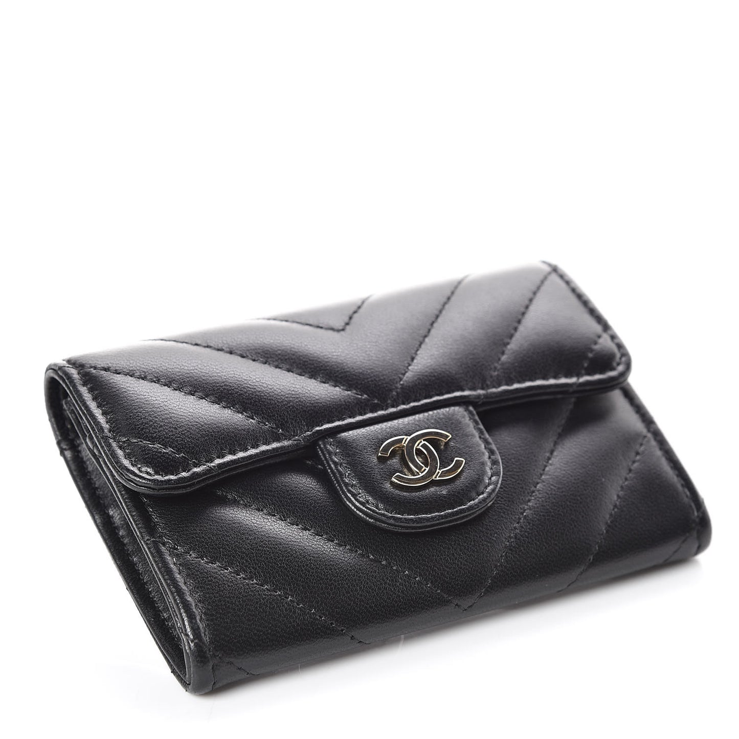 Lambskin Chevron Quilted Flap Card Holder Black