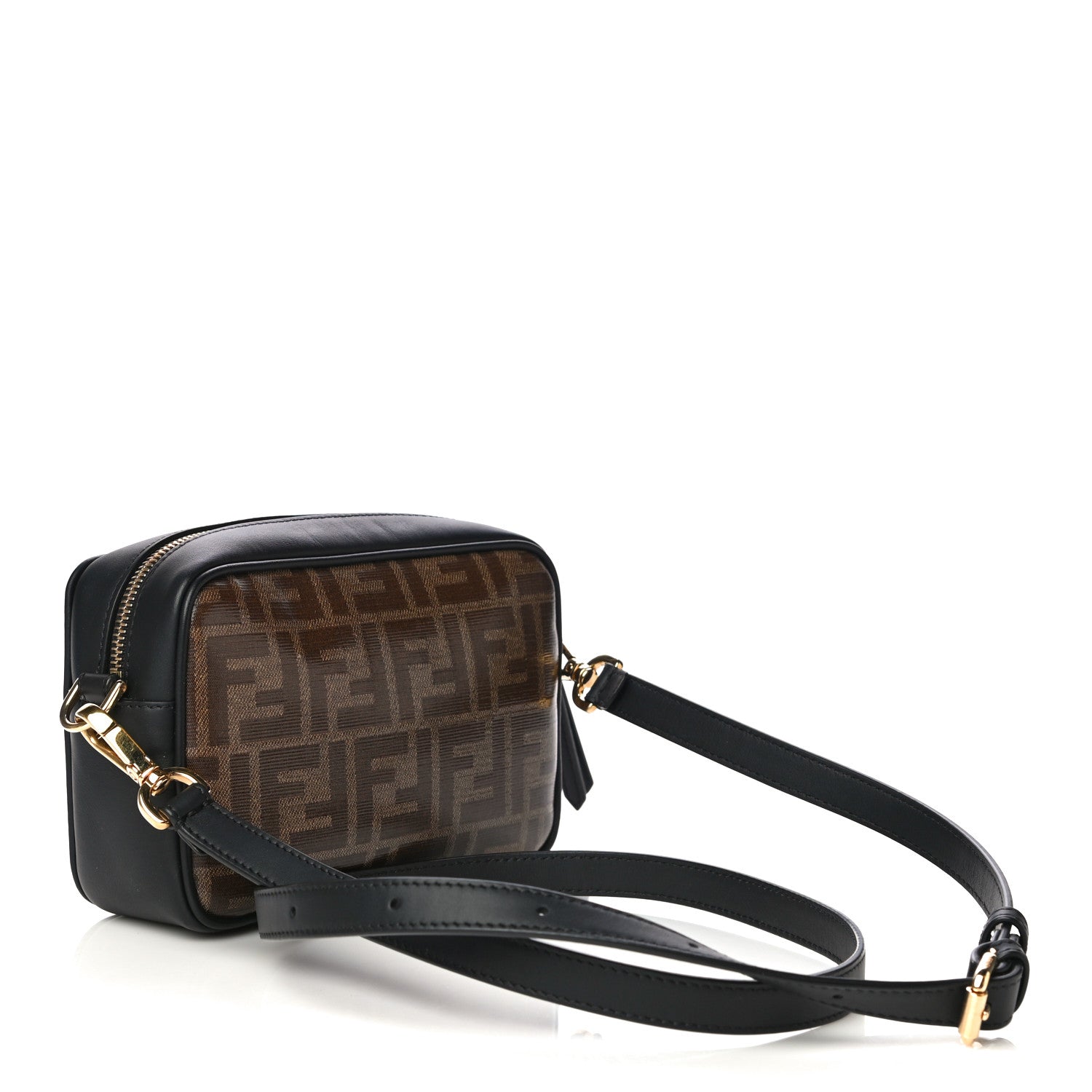 Fendi Glazed Fabric Vitello Century FF 1974 Stamp Patch Mini Camera Case Mogano Panna Black 3 of 11