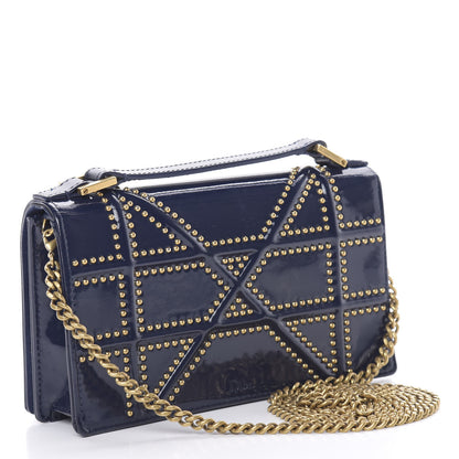 Christian Dior Patent Studded Diorama Top Handle Wallet on Chain Pouch Navy Blue 3 of 12