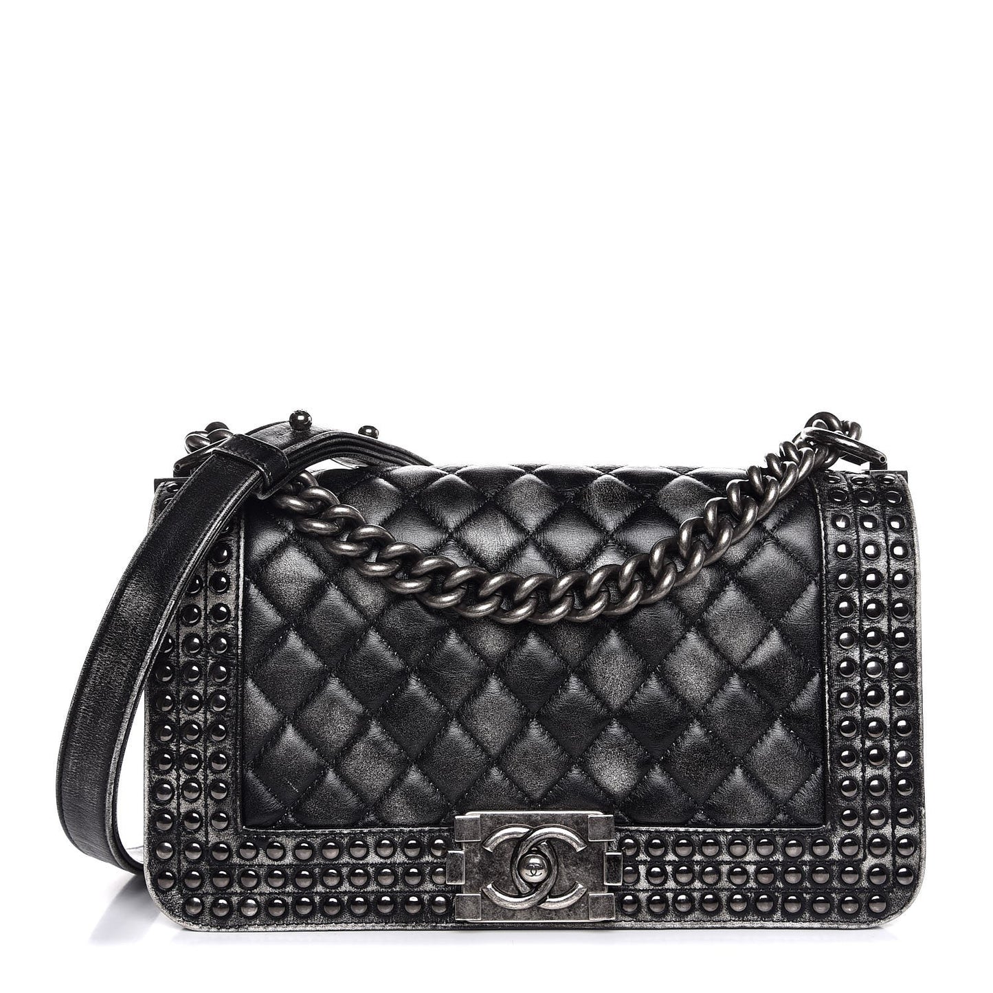 Faded Calfskin Quilted Medium Studded Boy Flap Black