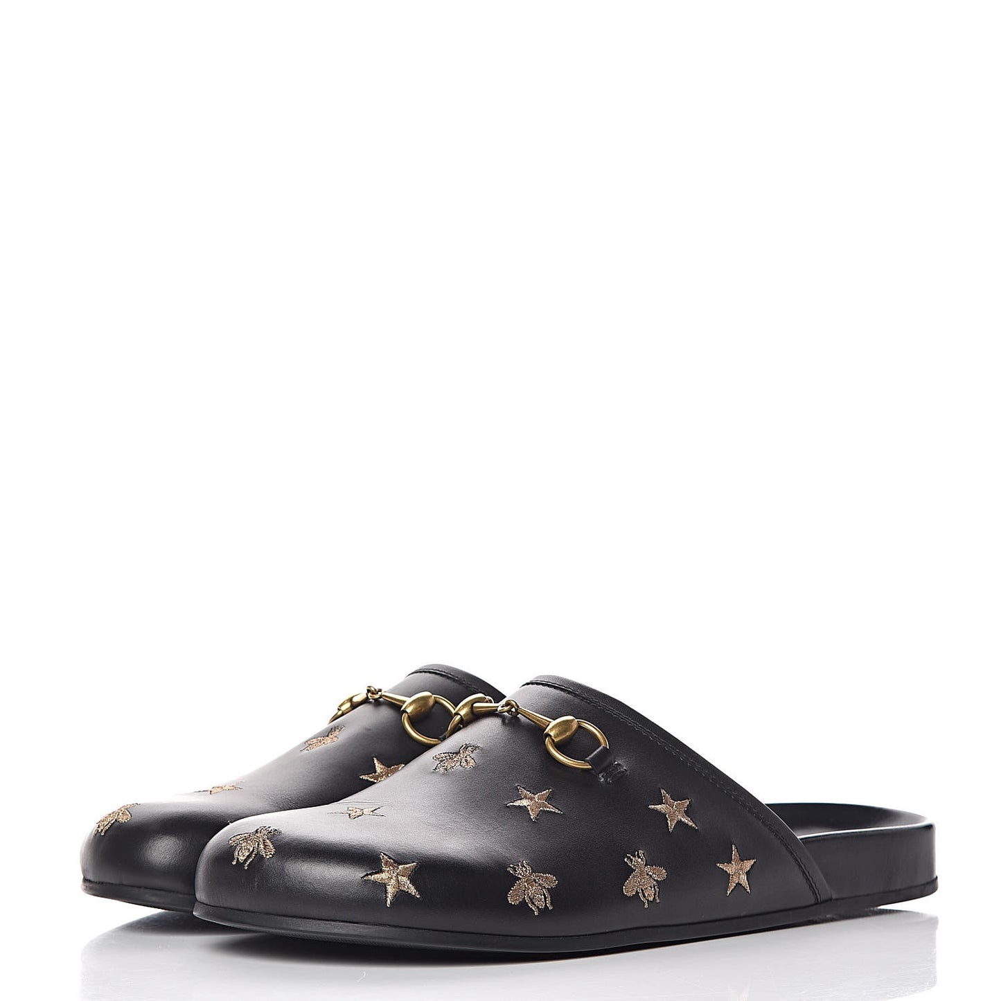 Calfskin Bee Star Embroidered Mens Horsebit River Slippers 11 Black