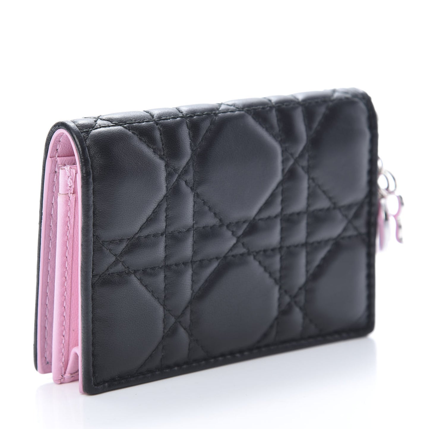 Lambskin Cannage Bi-Color Small Lady Dior Flap Card Holder Black Pink