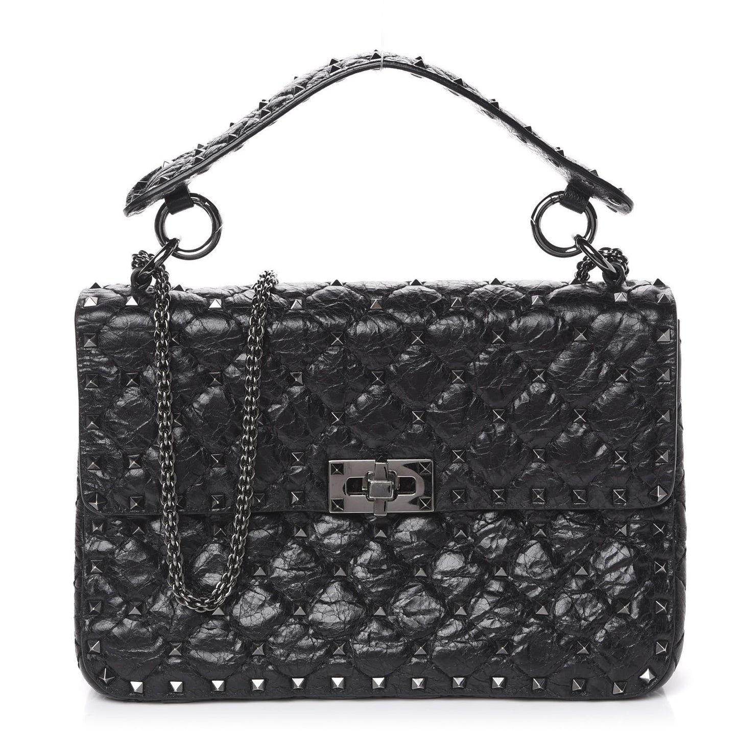 Craquele Nappa Medium Rockstud Spike Shoulder Bag Black