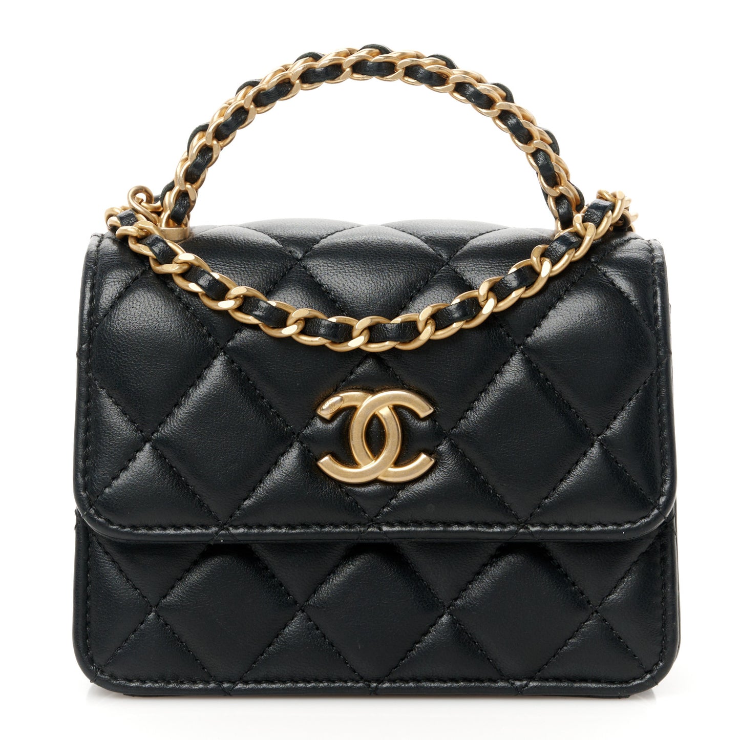 Lambskin Quilted Chain Top Handle Clutch With Chain Black
