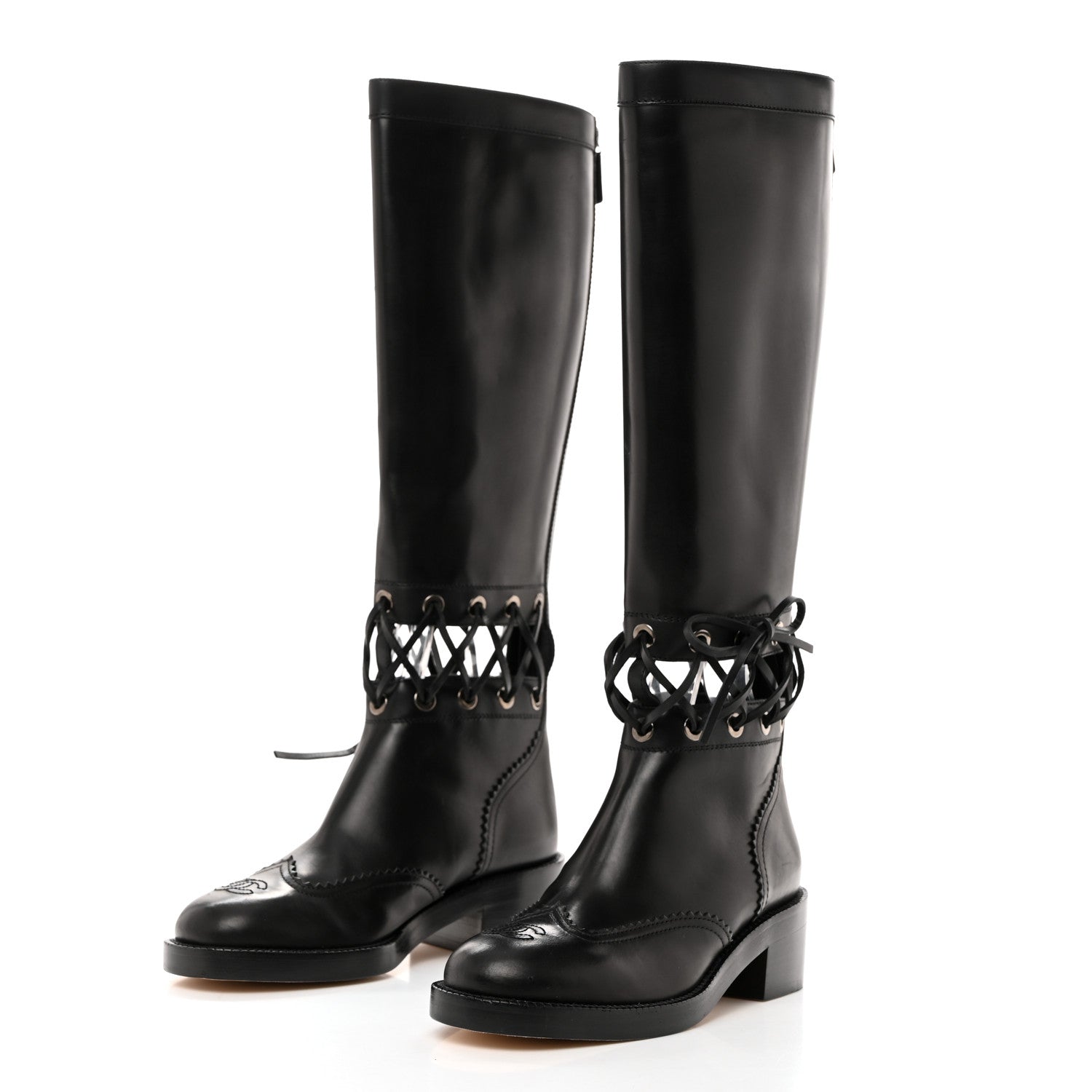 Chanel Calfskin Lace Up Knee High Boots 36.5 Black 3 of 7