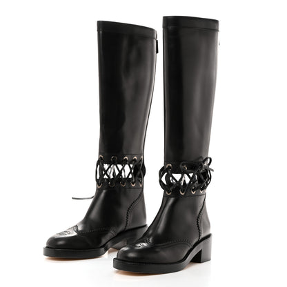 Chanel Calfskin Lace Up Knee High Boots 36.5 Black 3 of 7