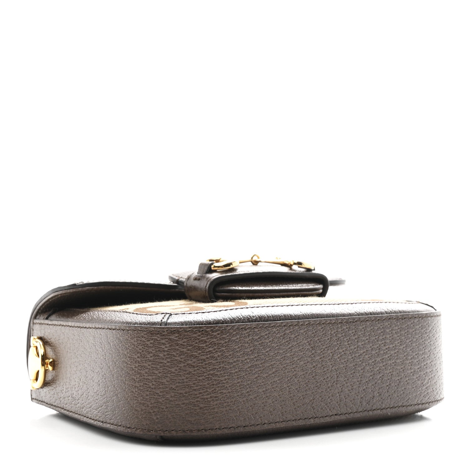 Gucci Monogram Jumbo GG Textured Dollar Calfskin Web Mini Horsebit 1955 Shoulder Bag Camel Ebony New Acero 4 of 9