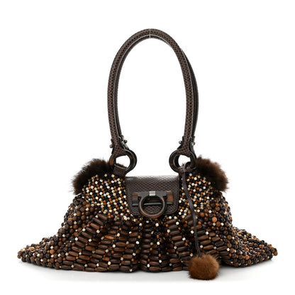 Salvatore Ferragamo Wood Beaded Lizard Mink Gancini Satchel Brown 1 of 10