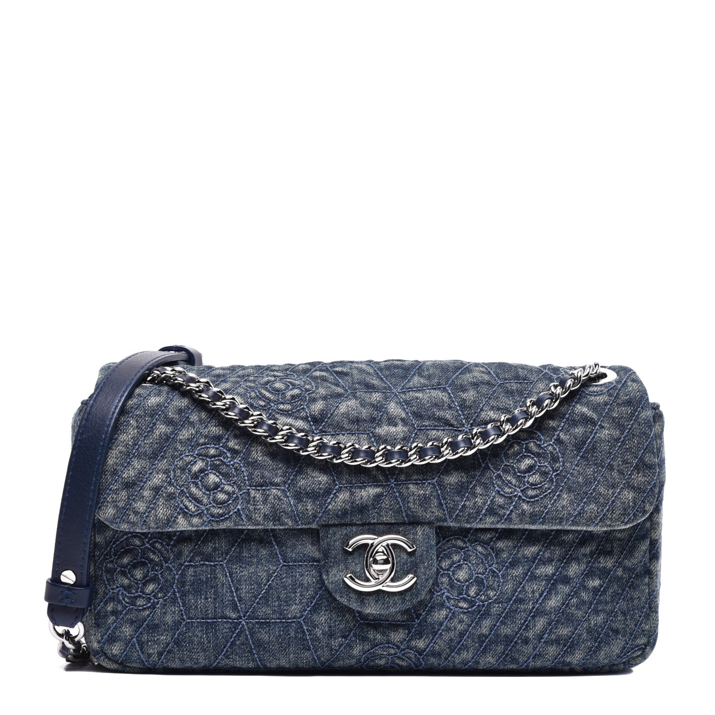 Denim Quilted Camellia Embroidered Medium Flap Blue